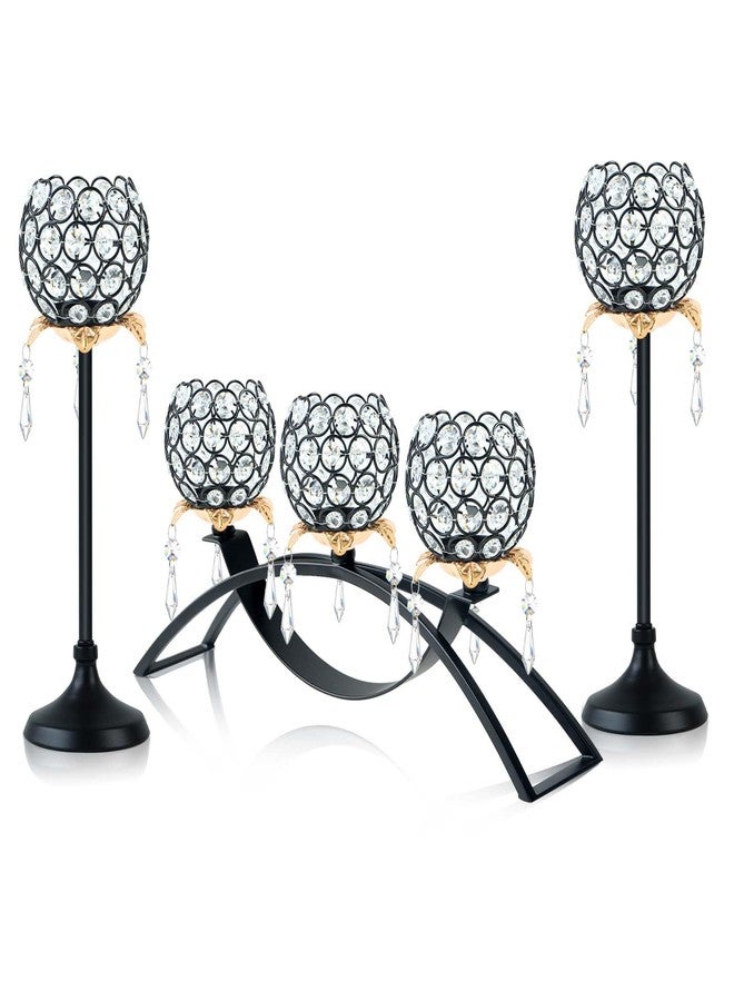 Kehail Set of 3 Gold Crystal Tea Light Candlestick Holders Flower Shape with Crystal Pendant Bowl Votive Metal Candle Holder for Table Centerpieces Wedding Home Decor (Set of 3, Black+Gold) - Image 1